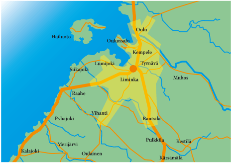 Keltaisella merkittynä 20 minuutin ajoajalla saavutettava alue  Liminganportista.